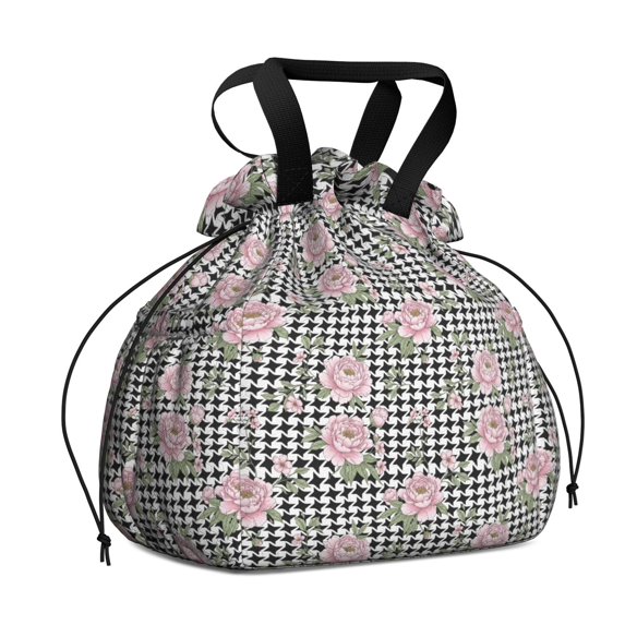 Pioneer Flower Floral Print Pattern Drawstring Lunch Bag Women - Drawstring Lunch Bag Insulated for Work Office - Stain-Resistant Large Lunchbags for Women with Multi-Pockets