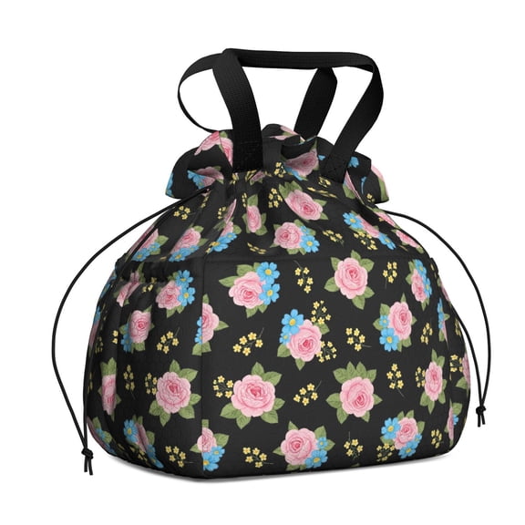 Pioneer Flower Floral Print Pattern Drawstring Lunch Bag Women - Drawstring Lunch Bag Insulated for Work Office - Stain-Resistant Large Lunchbags for Women with Multi-Pockets