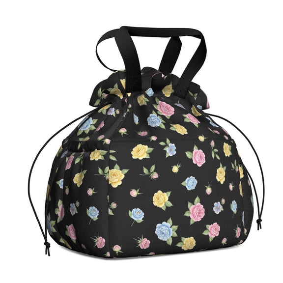 Pioneer Flower Floral Print Pattern Drawstring Lunch Bag Women - Drawstring Lunch Bag Insulated for Work Office - Stain-Resistant Large Lunchbags for Women with Multi-Pockets