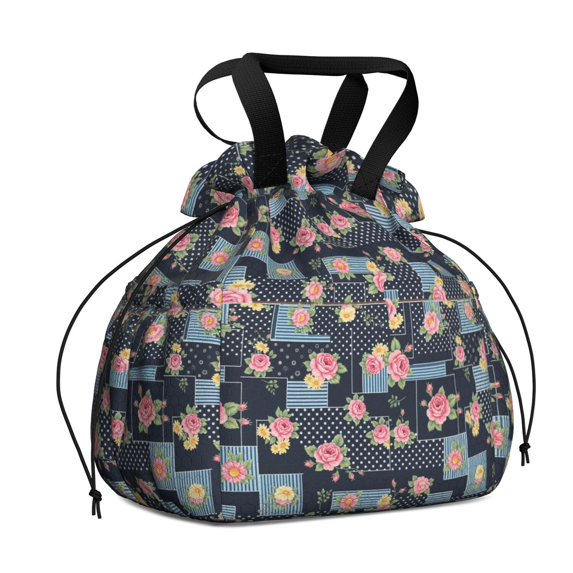 Pioneer Flower Floral Print Pattern Drawstring Lunch Bag Women - Drawstring Lunch Bag Insulated for Work Office - Stain-Resistant Large Lunchbags for Women with Multi-Pockets