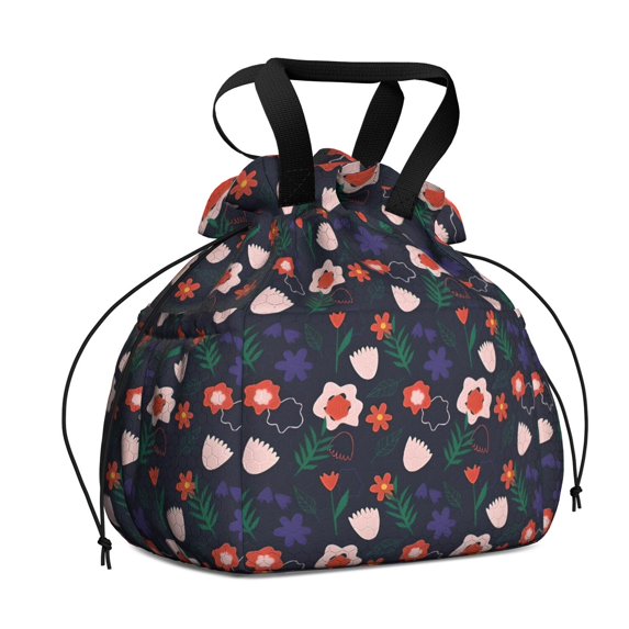 Pioneer Flower Floral Print Pattern Drawstring Lunch Bag Women - Drawstring Lunch Bag Insulated for Work Office - Stain-Resistant Large Lunchbags for Women with Multi-Pockets