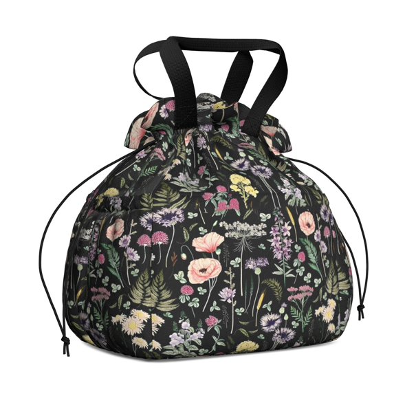 Pioneer Flower Floral Print Pattern Drawstring Lunch Bag Women - Drawstring Lunch Bag Insulated for Work Office - Stain-Resistant Large Lunchbags for Women with Multi-Pockets