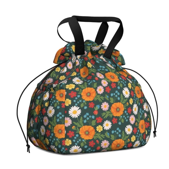 Pioneer Flower Floral Print Pattern Drawstring Lunch Bag Women - Drawstring Lunch Bag Insulated for Work Office - Stain-Resistant Large Lunchbags for Women with Multi-Pockets