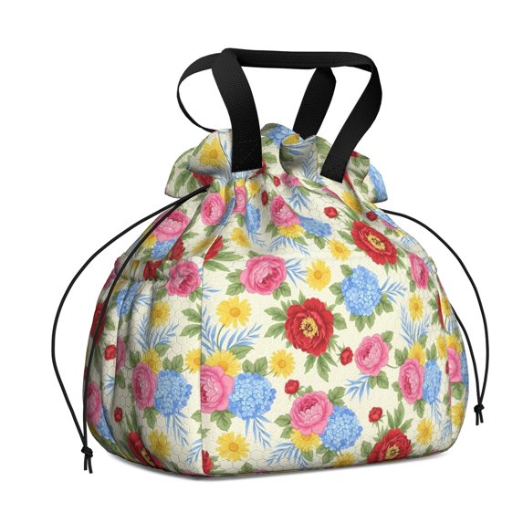 Pioneer Flower Floral Print Pattern Drawstring Lunch Bag Women - Drawstring Lunch Bag Insulated for Work Office - Stain-Resistant Large Lunchbags for Women with Multi-Pockets