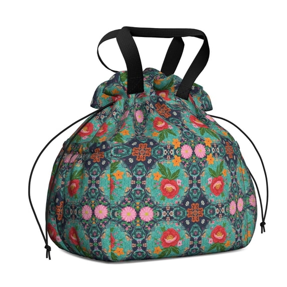 Pioneer Flower Floral Print Pattern Drawstring Lunch Bag Women - Drawstring Lunch Bag Insulated for Work Office - Stain-Resistant Large Lunchbags for Women with Multi-Pockets
