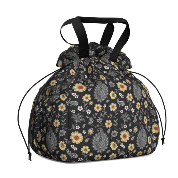 Pioneer Flower Floral Print Pattern Drawstring Lunch Bag Women - Drawstring Lunch Bag Insulated for Work Office - Stain-Resistant Large Lunchbags for Women with Multi-Pockets