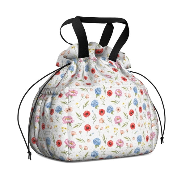 Pioneer Flower Floral Print Pattern Drawstring Lunch Bag Women - Drawstring Lunch Bag Insulated for Work Office - Stain-Resistant Large Lunchbags for Women with Multi-Pockets