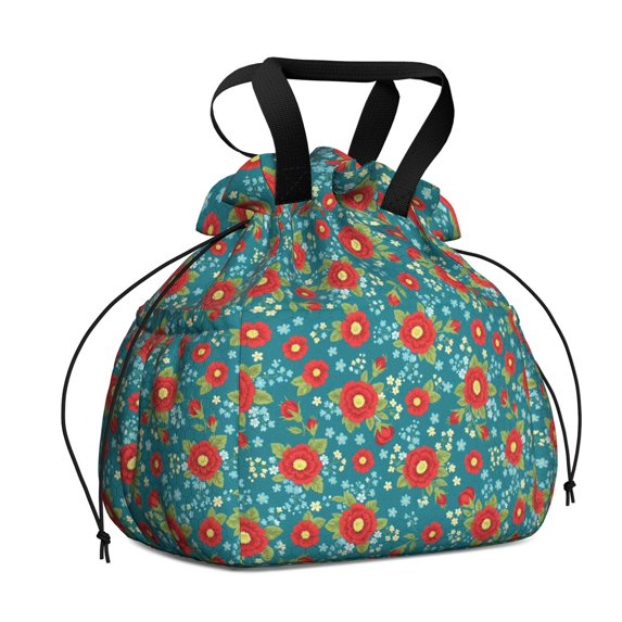 Pioneer Flower Floral Print Pattern Drawstring Lunch Bag Women - Drawstring Lunch Bag Insulated for Work Office - Stain-Resistant Large Lunchbags for Women with Multi-Pockets