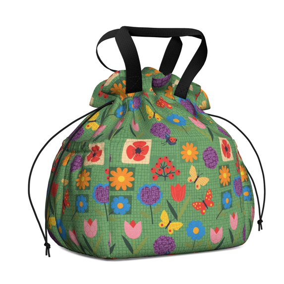 Pioneer Flower Floral Print Pattern Drawstring Lunch Bag Women - Drawstring Lunch Bag Insulated for Work Office - Stain-Resistant Large Lunchbags for Women with Multi-Pockets