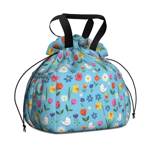 Pioneer Flower Floral Print Pattern Drawstring Lunch Bag Women - Drawstring Lunch Bag Insulated for Work Office - Stain-Resistant Large Lunchbags for Women with Multi-Pockets