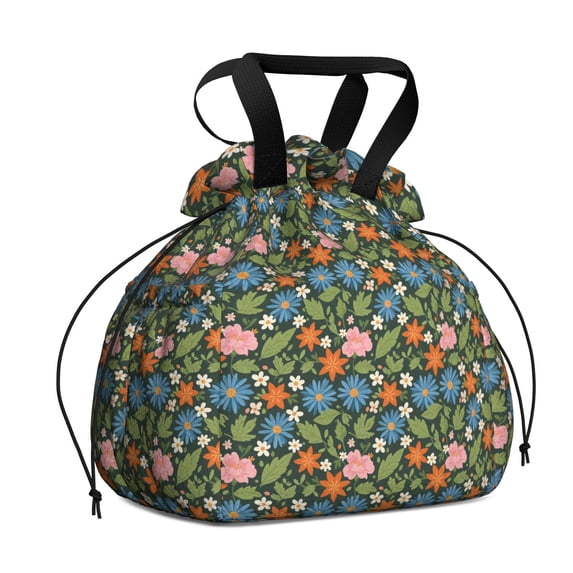 Pioneer Flower Floral Print Pattern Drawstring Lunch Bag Women - Drawstring Lunch Bag Insulated for Work Office - Stain-Resistant Large Lunchbags for Women with Multi-Pockets