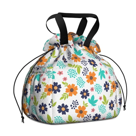 Pioneer Flower Floral Print Pattern Drawstring Lunch Bag Women - Drawstring Lunch Bag Insulated for Work Office - Stain-Resistant Large Lunchbags for Women with Multi-Pockets