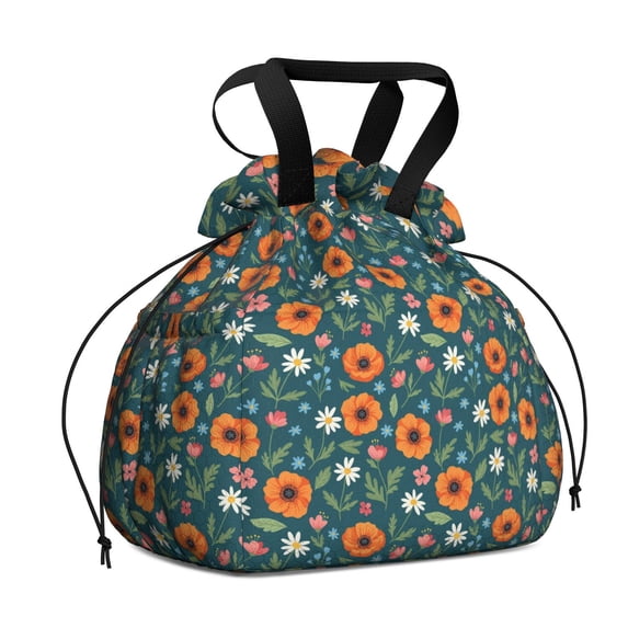 Pioneer Flower Floral Print Pattern Drawstring Lunch Bag Women - Drawstring Lunch Bag Insulated for Work Office - Stain-Resistant Large Lunchbags for Women with Multi-Pockets