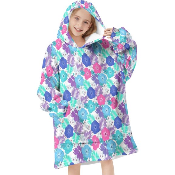 Pioneer Flower Floral Print Pattern Flannel Blanket Hoodies for Teens ,Teens Oversize Sherpa Wearable Hooded Blanket Sweatshirt with Super Pockets