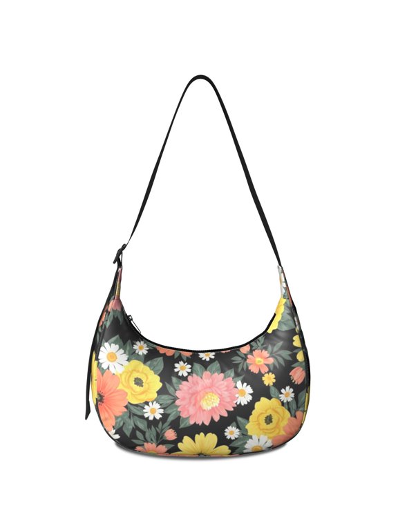 Pioneer Flower Floral Print Pattern Hobo Shoulder Bag, Shopping Crescent Purse with Adjustable Strap, Sturdy Stitching Gift Ideas for Women Girls