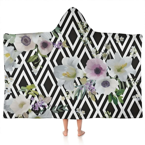 Pioneer Flower Floral Print Pattern Hooded Bath Towel,50"x30" for Ages 3 To 12 Kids, Quick Dry Lightweight Soft Microfiber Hood Beach Towel Cover Up for Kids