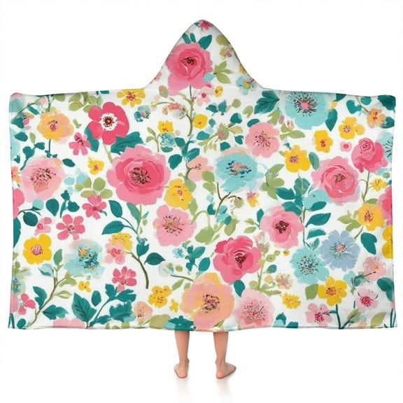 Pioneer Flower Floral Print Pattern Hooded Bath Towel，50"x30" for Ages 3 To 12 Kids, Quick Dry Lightweight Soft Microfiber Hood Beach Towel Cover Up for Kids