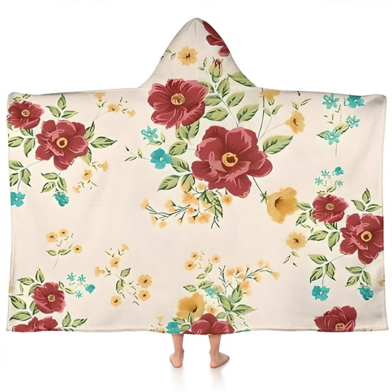Pioneer Flower Floral Print Pattern Hooded Bath Towel,60"x35" for Ages 3 To 12 Kids, Quick Dry Lightweight Soft Microfiber Hood Beach Towel Cover Up for Kids