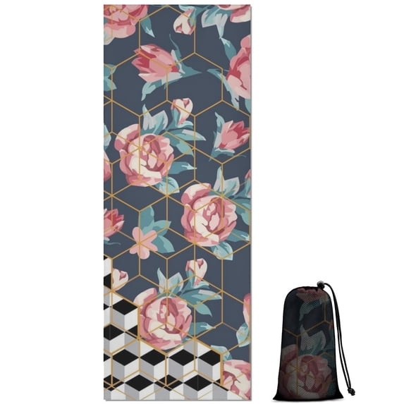 Pioneer Flower Floral Print Pattern Hot Yoga Mat Towel Non Slip for Hot Yoga - Quick-Drying Yoga Mat Cover with 4 Corner Pockets with Travel Bag - Hot Yoga Towel Non Slip 70"x26"