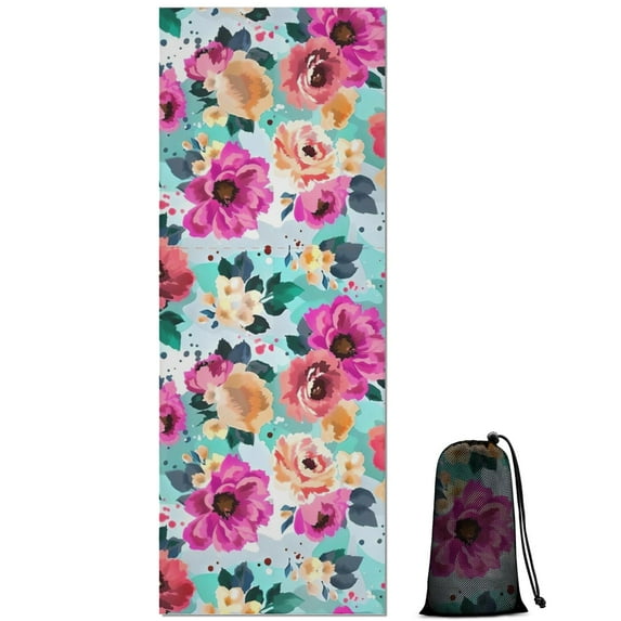 Pioneer Flower Floral Print Pattern Hot Yoga Mat Towel Non Slip for Hot Yoga - Quick-Drying Yoga Mat Cover with 4 Corner Pockets with Travel Bag - Hot Yoga Towel Non Slip 70"x26"