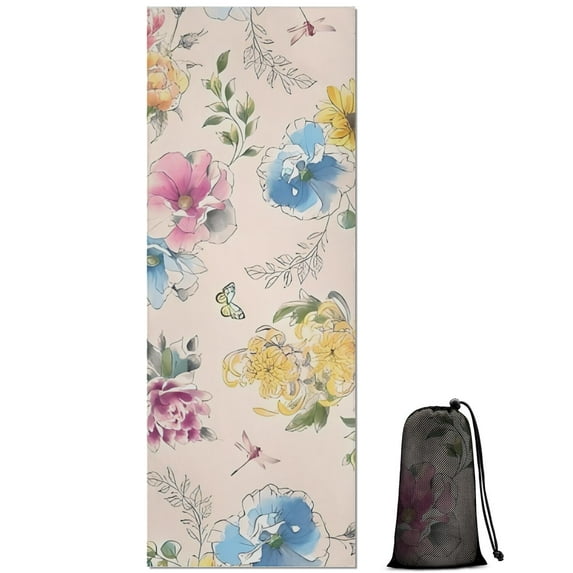 Pioneer Flower Floral Print Pattern Hot Yoga Mat Towel Non Slip for Hot Yoga - Quick-Drying Yoga Mat Cover with 4 Corner Pockets with Travel Bag - Hot Yoga Towel Non Slip 74"x26"