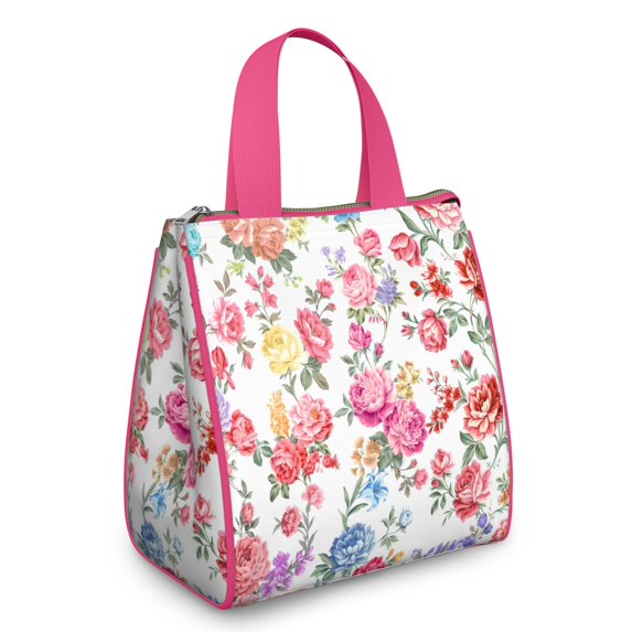 Pioneer Flower Floral Print Pattern Insulated Lunch Bag for Women & Adults,Large Portable Soft Cooler Lunch Bag,Thermal Food Storage Tote with Pearl Cotton,8.66L,8.75x5.75x9.5 Inch