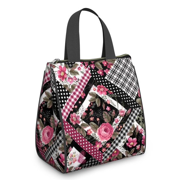 Pioneer Flower Floral Print Pattern Insulated Lunch Bag for Women & Adults,Large Portable Soft Cooler Lunch Bag,Thermal Food Storage Tote with Pearl Cotton,8.66L,8.75x5.75x9.5 Inch
