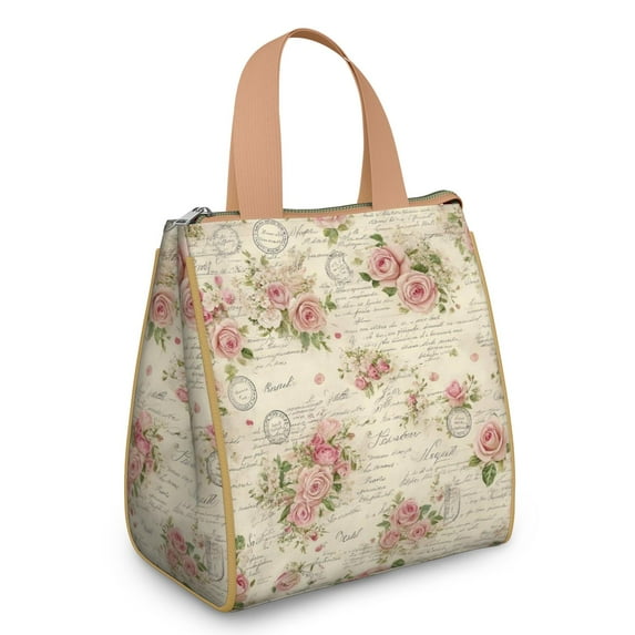 Pioneer Flower Floral Print Pattern Insulated Lunch Bag for Women & Adults,Large Portable Soft Cooler Lunch Bag,Thermal Food Storage Tote with Pearl Cotton,8.66L,8.75x5.75x9.5 Inch