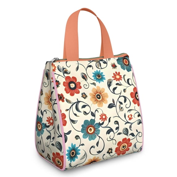 Pioneer Flower Floral Print Pattern Insulated Lunch Bag for Women & Adults,Large Portable Soft Cooler Lunch Bag,Thermal Food Storage Tote with Pearl Cotton,8.66L,8.75x5.75x9.5 Inch