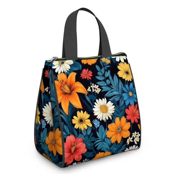 Pioneer Flower Floral Print Pattern Insulated Lunch Bag for Women & Adults,Large Portable Soft Cooler Lunch Bag,Thermal Food Storage Tote with Pearl Cotton,8.66L,8.75x5.75x9.5 Inch
