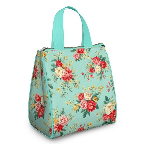 Pioneer Flower Floral Print Pattern Insulated Lunch Bag for Women & Adults,Large Portable Soft Cooler Lunch Bag,Thermal Food Storage Tote with Pearl Cotton,8.66L,8.75x5.75x9.5 Inch