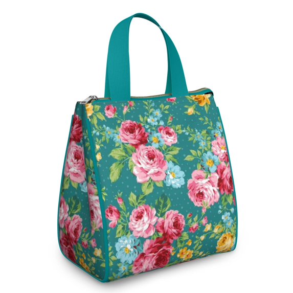 Pioneer Flower Floral Print Pattern Insulated Lunch Bag for Women & Adults,Large Portable Soft Cooler Lunch Bag,Thermal Food Storage Tote with Pearl Cotton,8.66L,8.75x5.75x9.5 Inch