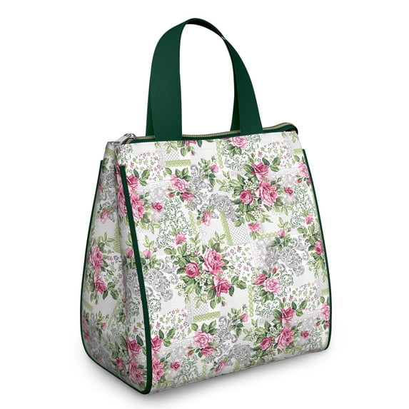 Pioneer Flower Floral Print Pattern Insulated Lunch Bag for Women & Adults,Large Portable Soft Cooler Lunch Bag,Thermal Food Storage Tote with Pearl Cotton,8.66L,8.75x5.75x9.5 Inch