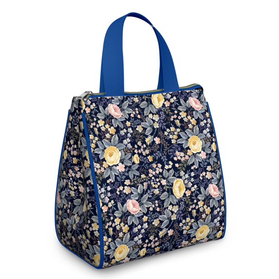 Pioneer Flower Floral Print Pattern Insulated Lunch Bag for Women & Adults,Large Portable Soft Cooler Lunch Bag,Thermal Food Storage Tote with Pearl Cotton,8.66L,8.75x5.75x9.5 Inch