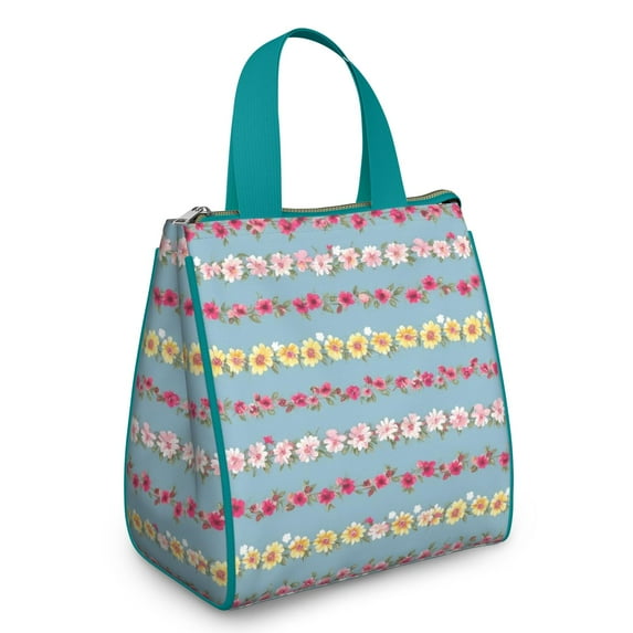 Pioneer Flower Floral Print Pattern Insulated Lunch Bag for Women & Adults,Large Portable Soft Cooler Lunch Bag,Thermal Food Storage Tote with Pearl Cotton,8.66L,8.75x5.75x9.5 Inch