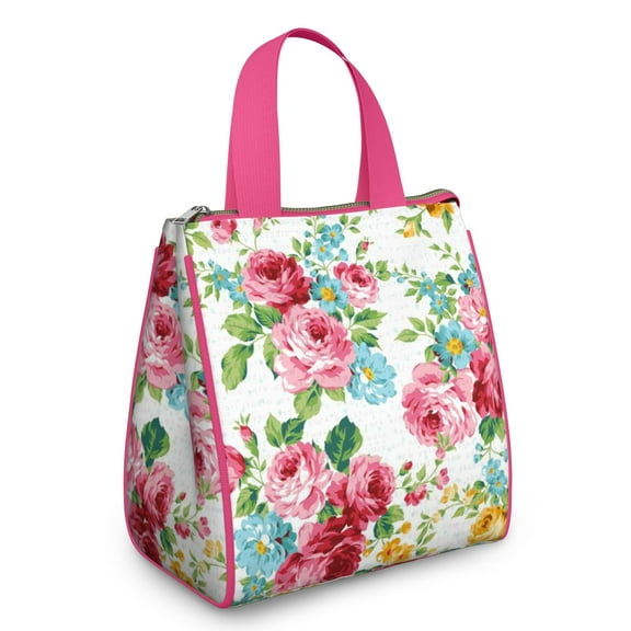 Pioneer Flower Floral Print Pattern Insulated Lunch Bag for Women & Adults,Large Portable Soft Cooler Lunch Bag,Thermal Food Storage Tote with Pearl Cotton,8.66L,8.75x5.75x9.5 Inch