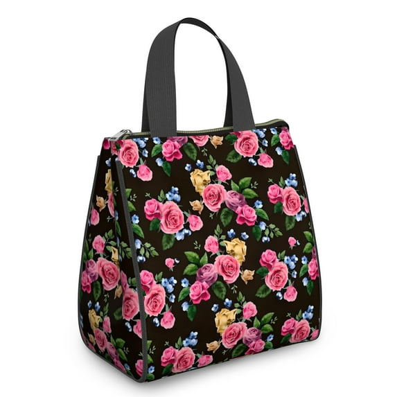 Pioneer Flower Floral Print Pattern Insulated Lunch Bag for Women & Adults,Large Portable Soft Cooler Lunch Bag,Thermal Food Storage Tote with Pearl Cotton,8.66L,8.75x5.75x9.5 Inch