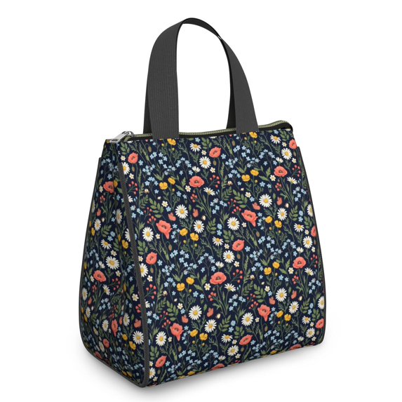 Pioneer Flower Floral Print Pattern Insulated Lunch Bag for Women Men, Large Portable Soft Cooler Tote, Thermal Food Storage Bag with Pearl Cotton, 8.66L, 8.75"x5.75"x9.5"