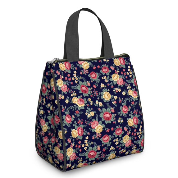Pioneer Flower Floral Print Pattern Insulated Lunch Bag for Women Men, Large Portable Soft Cooler Tote, Thermal Food Storage Bag with Pearl Cotton, 8.66L, 8.75"x5.75"x9.5"