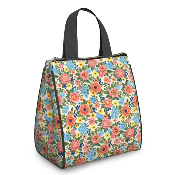 Pioneer Flower Floral Print Pattern Insulated Lunch Bag for Women Men, Large Portable Soft Cooler Tote, Thermal Food Storage Bag with Pearl Cotton, 8.66L, 8.75"x5.75"x9.5"