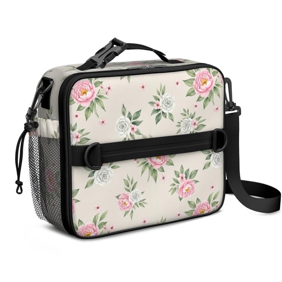 Pioneer Flower Floral Print Pattern Insulated Lunch Bag with Shoulder Strap and Bottle Holder,Bento School Lunch Bag Box,11x9.5x3.5 Inches