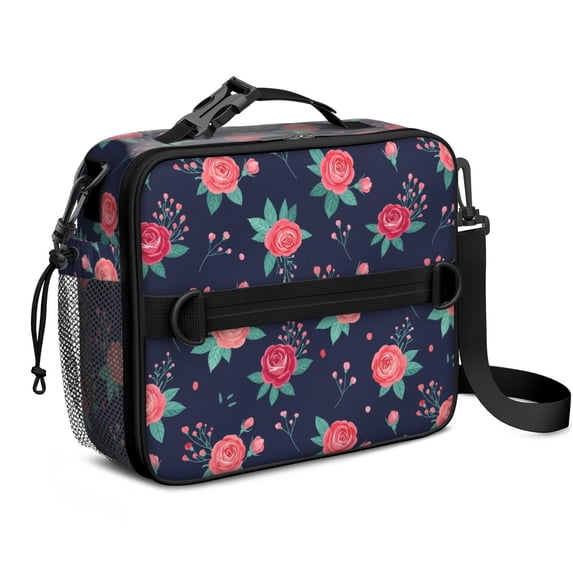 Pioneer Flower Floral Print Pattern Insulated Lunch Bag with Shoulder Strap and Bottle Holder,Bento School Lunch Bag Box,11x9.5x3.5 Inches