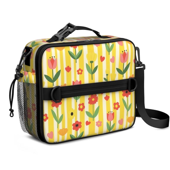 Pioneer Flower Floral Print Pattern Insulated Lunch Bag with Shoulder Strap and Bottle Holder,Bento School Lunch Bag Box,11x9.5x3.5 Inches