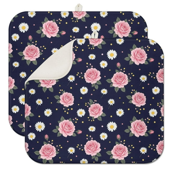 Pioneer Flower Floral Print Pattern Kitchen Dish Drying Mat 1 Pack, Ultra Absorbent Microfiber Drainer Mat, 16"x18"