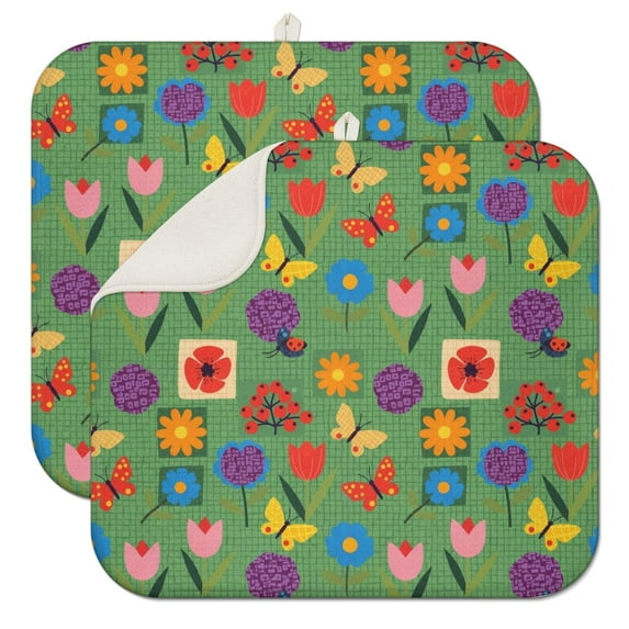 Pioneer Flower Floral Print Pattern Kitchen Dish Drying Mat 1 Pack, Ultra Absorbent Microfiber Drainer Mat, 16"x18"