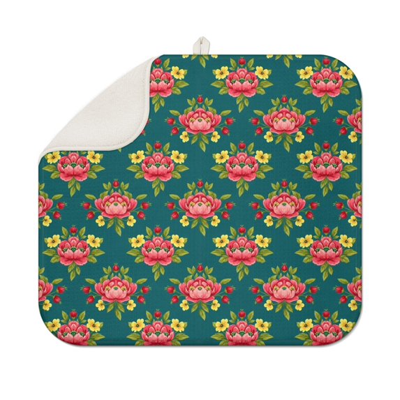 Pioneer Flower Floral Print Pattern Kitchen Dish Drying Mat 1 Pack, Ultra Absorbent Microfiber Drainer Mat, 16"x18"