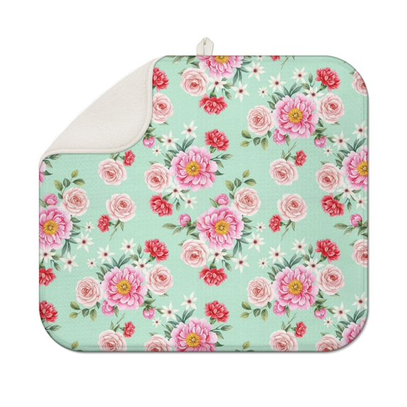 Pioneer Flower Floral Print Pattern Kitchen Dish Drying Mat 1 Pack, Ultra Absorbent Microfiber Drainer Mat, 16"x18"