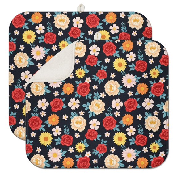 Pioneer Flower Floral Print Pattern Kitchen Dish Drying Mat 1 Pack, Ultra Absorbent Microfiber Drainer Mat, 16"x18"