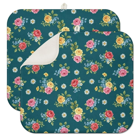 Pioneer Flower Floral Print Pattern Kitchen Dish Drying Mat 1 Pack, Ultra Absorbent Microfiber Drainer Mat, 16"x18"