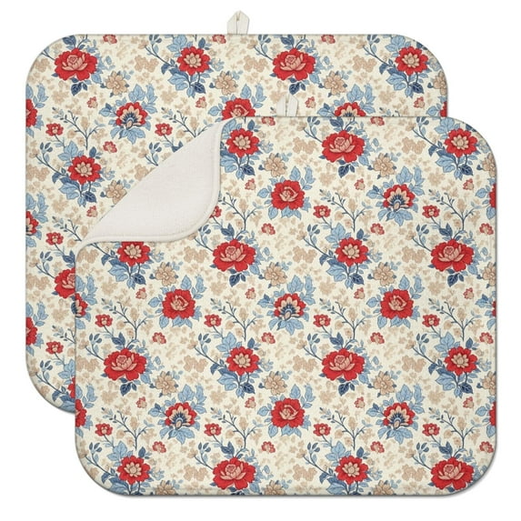 Pioneer Flower Floral Print Pattern Kitchen Dish Drying Mat 1 Pack, Ultra Absorbent Microfiber Drainer Mat, 16"x18"